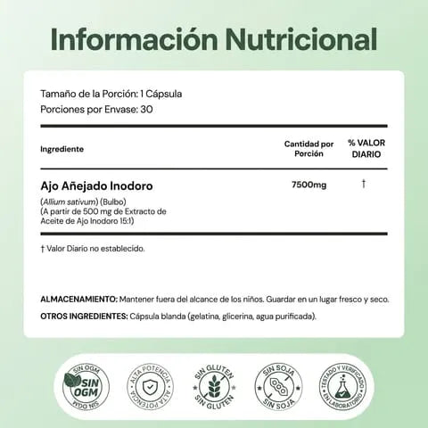 Extracto de Ajo Añejado – Cápsulas Blandas de 7500mg Sin Olor